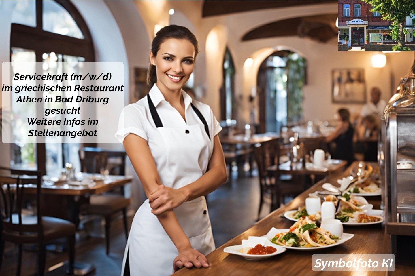 Komm in unser Team: Servicekraft (m/w/d) im griechischen Restaurant Athen in Bad Driburg gesucht KI generiertes Symbolfoto