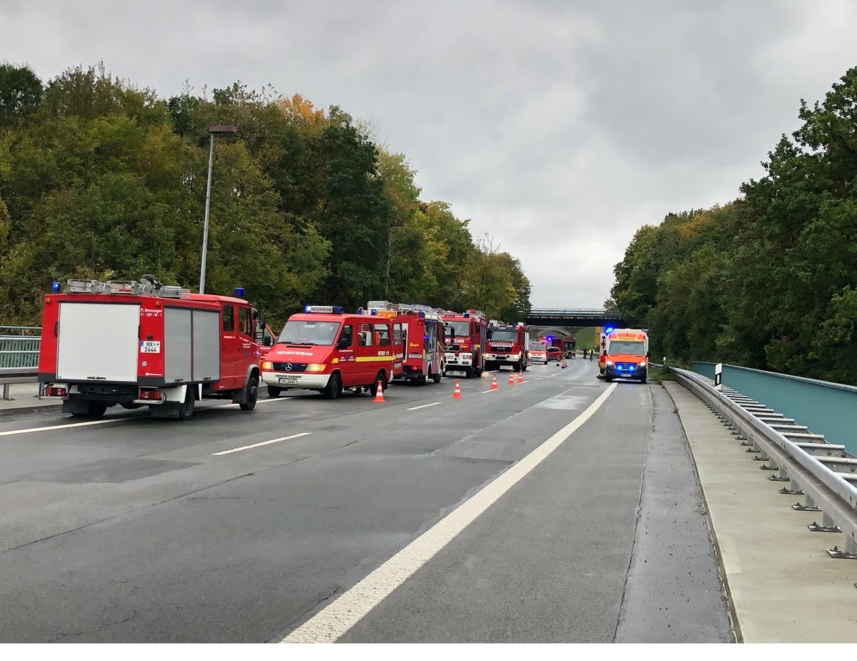 Bildunterschrift: Zahlreiche Einsatzfahrzeuge waren an der Rettungsaktion auf der Weserbrücke beteiligt.